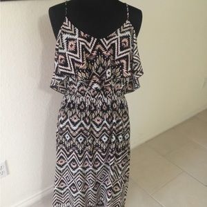 Interi spaghetti strap maxi dress, size L,ruffle bust, low back, southwest pat.